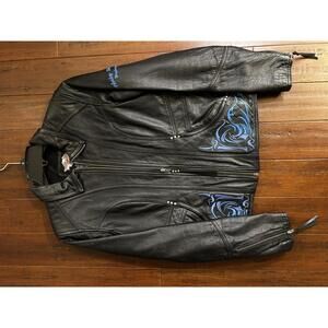 Harley-Davidson Black Leather Motorcycle Jacket with Blue Embroidery
